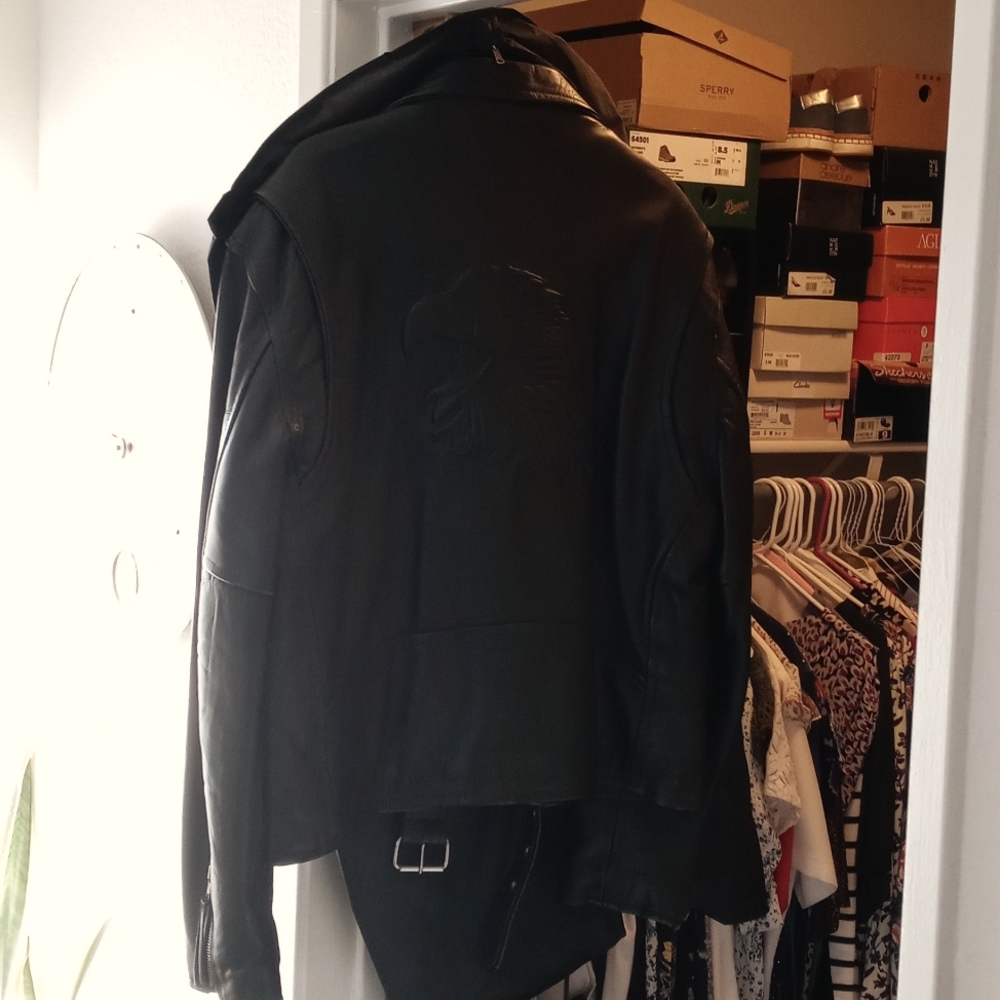 First Genuine leather large black leather biker style jacket.